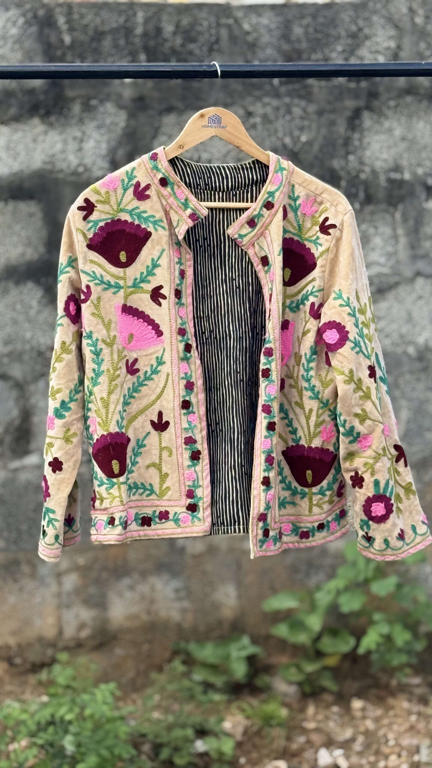Womens Light Beige Velvet Embroidered Jacket with Floral Design - Image 2